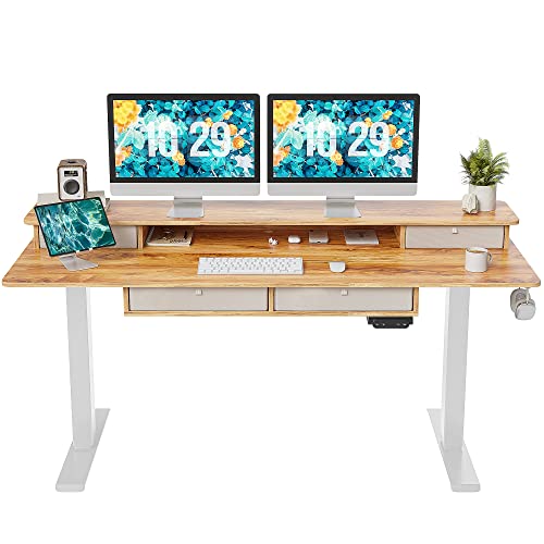 FEZIBO Sturdy Height Adjustable Electric Standing Desk with Drawers, 63 x 24 Inch Stand Up Table with Large Storage Shelf, Sit Stand Desk, Light Rustic Brown Top - WoodArtSupply