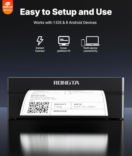 Rongta Bluetooth Shipping Label Printer, Wireless 4x6 Thermal Label Printer for Shipping Packages, Support Android, iPhone, Widely Used for Amazon, Ebay, Shopify, Etsy, UPS, Black Rongta
