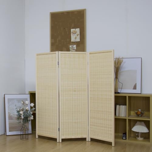Pawlabay 3 Panel Short Panel Divider Screen,3.95 FT Tall Bamboo Room Divider Folding Privacy Screen,Short Panel Divider Freestanding Room Divider for Room Seperation,Beige PawlaBay