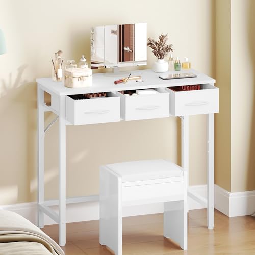 YATINEY Makeup Vanity Desk with Mirror and Lights, Vanity Table with 3 Fabric Drawers Storage Desk for Bedroom, Make Up Dressing Table with Folding Mirror, for Small Spaces, White YATINEY