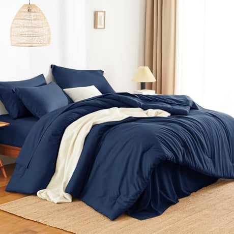HIMEET Queen Comforter Set - 7 Pieces Bed in a Bag Queen Size, Luxury Comforter Set with Sheets for All Season, Bed Set with Comforter, Flat Sheet, Fitted Sheet, Pillowcases & Shams, Navy Blue HIMEET