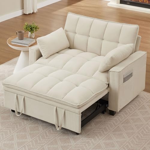 Portaforta Sleeper Sofa with Pull Out Couch Bed, 48" Convertible Pull-Out Sofa Bed Chair, 3-in-1 Futon Couch with Reclining Backrest and Side Pockets for Living Room Bedroom Apartment, Beige Portaforta