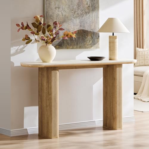 OKD 63 Inch Modern Console Table with Arc Faux Marble Texture Top, Fluted Wood Base, Contemporary Entryway Sofa Table for Living Room, Hallway, Foyer, Natural Oak OKD