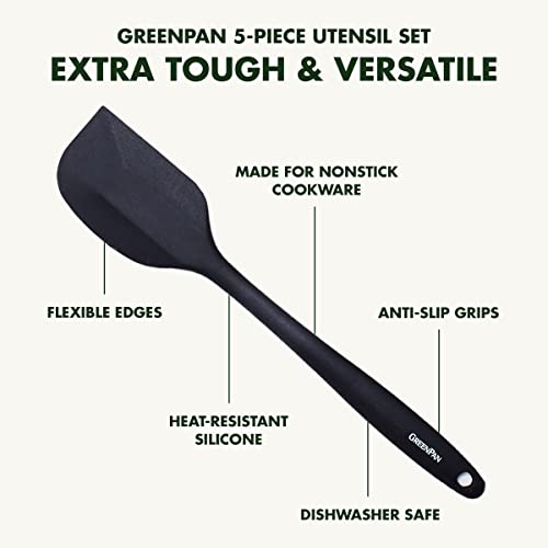 GreenPan 5 Piece Cooking Utensil Set, Flexible Nonstick Silicone, Stain-Free, Tongs, Turner, Spatula, Skimmer, and Slotted Spoon, Black GreenPan