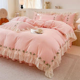 MOOWOO Flower Lace Ruffled Bedding Set- Sweet Girl Chiffon Ruffles Duvet Cover Set- 3PC(1 Full Duvet Cover 80x90 Inch, 2 Pillowcases) Aesthetic Bedding for Romantic French Wedding MOOWOO