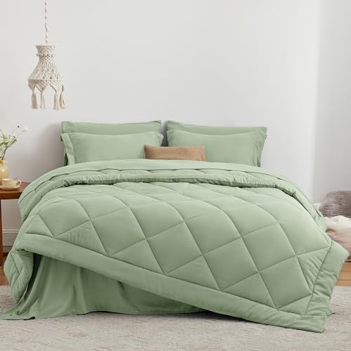 Love's cabin Twin Comforter Set Sage, 5 Pieces Twin Bed in a Bag, All Season Bedding Sets with 1 Comforter, 1 Flat Sheet, 1 Fitted Sheet, 1 Pillowcase and 1 Pillow Sham Love's cabin