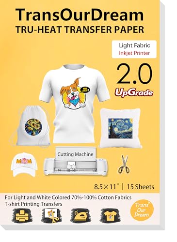 TransOurDream Upgraded Iron on Heat Transfer Paper for T Shirts (8.5x11'', 15 Sheets) Iron-on Transfers Paper for Light Fabric Printable Heat Transfer Vinyl for Inkjet Printer (TOD-4-15) TransOurDream