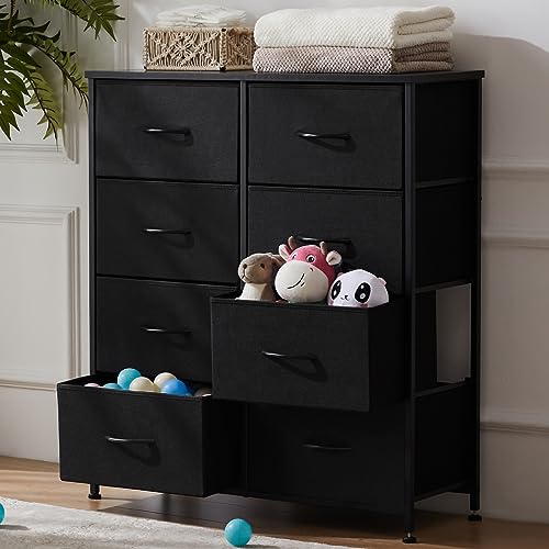 DUMOS 8 Drawer Dresser for Bedroom, Fabric Storage Organizer with Sturdy Metal Frame, Wooden Top Chest of Drawers for Closet Entryway Guest Room,Matte Black DUMOS