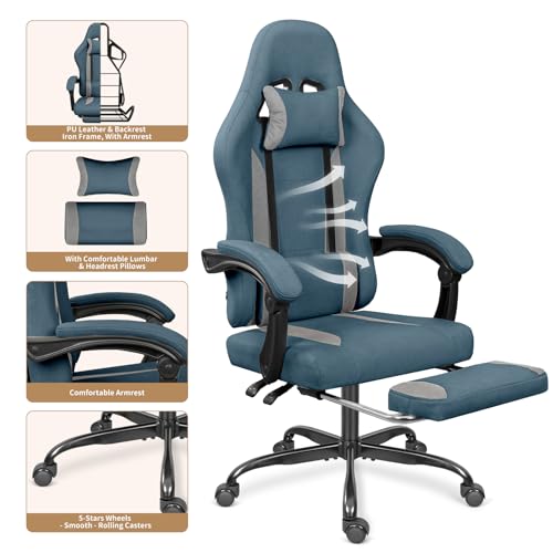 ErgoDesign Breathable Fabric Gaming Chair with Footrest, Height Adjustable Game Chair, Video Gaming Chair for Gaming Room, Living Room and Office - Blue/Light Grey ErgoDesign