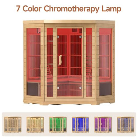 springspa Infrared Sauna 4 Person, Low EMF Far Infrared Sauna for Home, Indoor Corner Sauna, Hemlock Wooden Dry Sauna Room with Bluetooth Speaker, 7 Color Chromotherapy Lights springspa