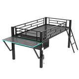 Klwenas Maec Metal Loft Bed Twin Size with Desk & LED Light,Gaming Loft Bed with Vented Mesh Undercarriage Storage & Staircase,Space Saving,Low Loft Bed Frame for Adults Teens Kids,Noise Free (Twin) Klwenas Maec