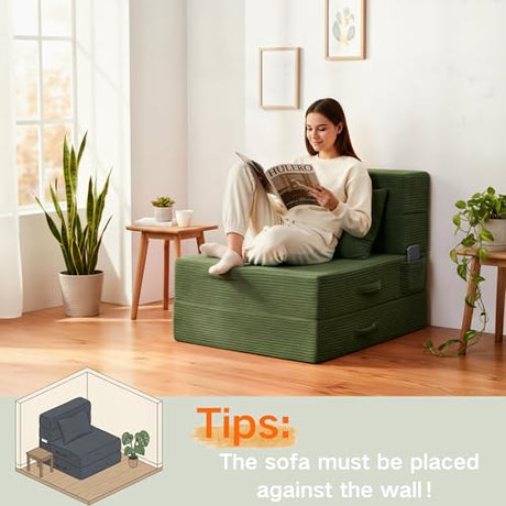 HILERO Folding Sofa Bed, 4 in 1 Convertible Sleeper Chair with Pillow, Single Memory Foam Fold Out Chair Bed, Modern Floor Futon Sofa Couch Mattress for Living Room/Guest/Apartment, Green HILERO