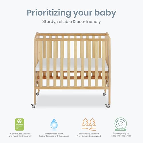 Dream On Me 3-in-1 Portable Folding Stationary Side Mini Baby Crib in Natural & Mattress, GreenGuard Gold & BSA, Use as Changer & Playpen, Locking Wheels, 3 Mattress Heights, Extra Firm Mattress