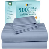 California Design Den - Queen Sheets Set Cotton Soft 100% Cotton Sheets Deep Pockets Snug Fit Elastic, 500 Thread Count Sateen, Damask Stripe Sheets for Bed - Light Blue - Striped California Design Den