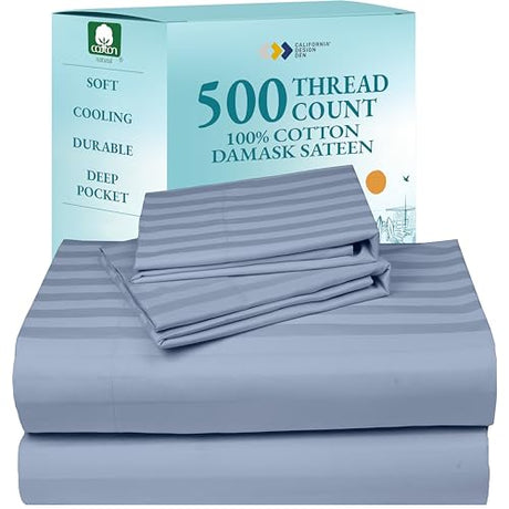 California Design Den - Queen Sheets Set Cotton Soft 100% Cotton Sheets Deep Pockets Snug Fit Elastic, 500 Thread Count Sateen, Damask Stripe Sheets for Bed - Light Blue - Striped California Design Den