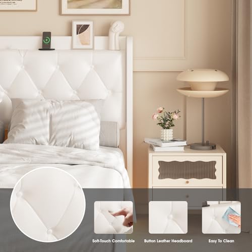 Queen Size Halitaa Floating Bed Frame with LED Lights & Upholstered Button Tufted Headboard - No Box Spring Needed, White Halitaa