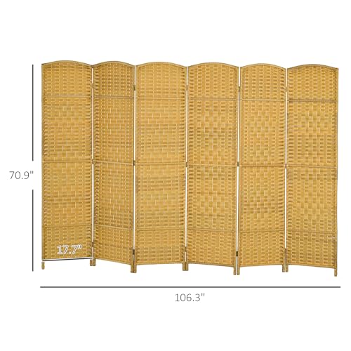HOMCOM 6 Panel Room Divider, 6' Tall Folding Privacy Screen, Hand-Woven Freestanding Wall Partition for Home Office, Bedroom, Nature Wood HOMCOM