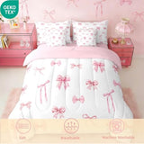 Erosebridal Pink Bow 7 Piece Comforter Set for Girls, Cute Bowknot Bedding Sets Bed in A Bag Twin Size Kawaii Ribbon Bow Sheet Set for Kids Boys Teens Women Bedroom Bow Knot Aesthetic Bed Sets Erosebridal