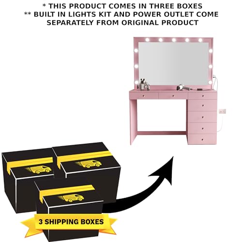 Boahaus Serena Large Makeup Vanity Desk with Hollywood Lights, 11 Drawers, Hair Dryer Hanger, USB Type-C & Type-A, 110V Power Outlet for Beauty Tools, Glass Top, Crystal Knobs – Premium Pink Finish Boahaus