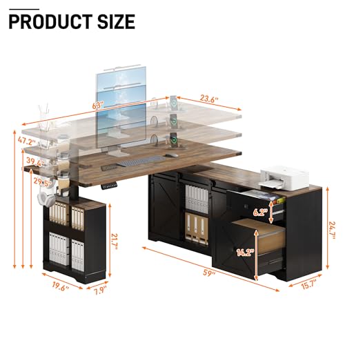 63" Farmhouse Electric Standing Desk Adjustable Height Sit Stand Corner Stand Desks, L Shaped Standing Computer Desk with Power Outlets & Storage Drawers & Sliding Door for Home Office, Black St.Mandyu