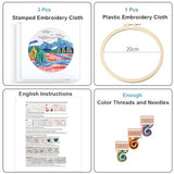 Konrisa 3 Pcs Landscape Embroidery Kits, Mountain Flower Village Pattern Cross Stitch Kit, DIY Sewing Practice Kits for Adults Home Decoration,Include Embroidery Cloth Threads and Needles,1pc Hoops