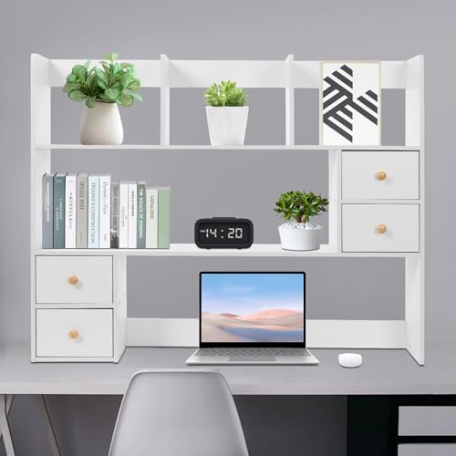 Desk Hutch, Desktop Hutch with 8 Shelves & 4 Drawers, Vanity Desk with Hutch Top Only, Extendable Small Desk Shelf for Top of Desk, Desktop Bookcase Bookshelf for Home Office Generic