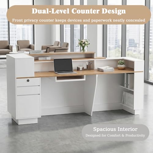 Laxodor 86.6" L-Shaped Reception Desk with Dimmable LED Lights, White Front Desk Counter for Salon, Retail Store & Office