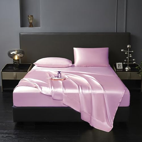 Revdomfly 3 Pcs Twin Size Luxury Silky Soft Pink Satin Sheet Set,1 Premium Moisture Wicking Fitted Sheet Fits Up to 16 Inches Deep Pocket + 1 Flat Sheet + 1 Pillowcases（Pink, Twin） Revdomfly