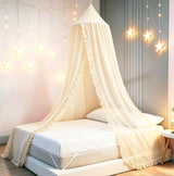 Mengesi Bed Canopy with Pom Pom- Lace Chiffon Canopy Bed Curtains, Ruffles Princess Reading Nook Play Tent for Girls Room (Ivory)