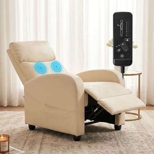 Sweetcrispy Massage Recliner Chair for Adults, Adjustable Home Theater Seating with Lumbar Support for Living Room, Modern Fabric Reclining, Beige Sweetcrispy