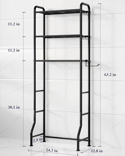 Kitsure Over Toilet Storage Rack - Metal Over Toilet Bathroom Organizer Shelf, Over the Toilet Storage Cabinet with Paper Holder and Hooks, Bathroom Cabinet for Laundry, Black, 3 Tiers (63.2" H) Kitsure