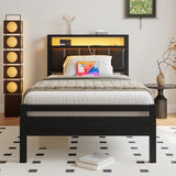 HOJINLINERO Twin Bed Frame with Charging Station & LED Lights,Storage Upholstered Headboard,Metal Bed Frame Twin Size Bed Frames No Box Spring Needed,Mattress Beds Base,Heavy Duty Steel Slats,Black HOJINLINERO