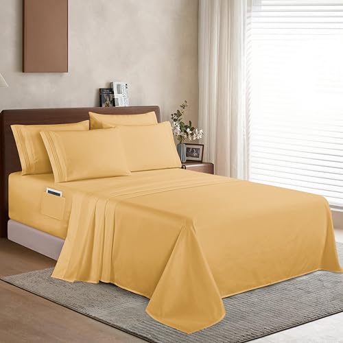 Elegant Comfort 1500 Premium Quality 6-Piece Bed Sheet Set - 18-24 Inch Extra Deep Pocket, Smart Storage Pockets, Wrinkle Free Ultra Soft 6PC Extra Deep Pocket Sheets, Queen, Gold Elegant Comfort