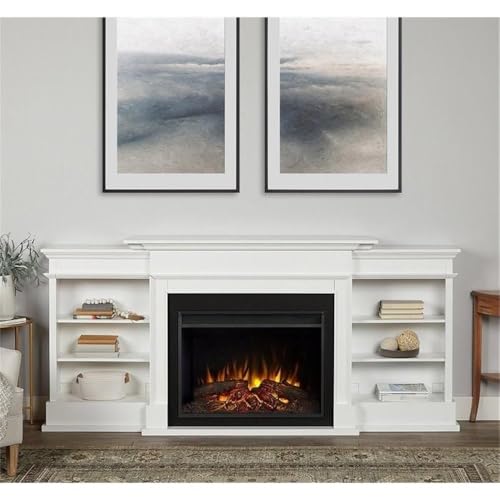 BOWERY HILL 92" W Modern Wood Electric Fireplace TV Stand with Mantel & Remote Control, 6-Feet Power Cord and Hardware, 5 Flame Brightness Levels, for TVs up to 85", in White & Black Finish BOWERY HILL