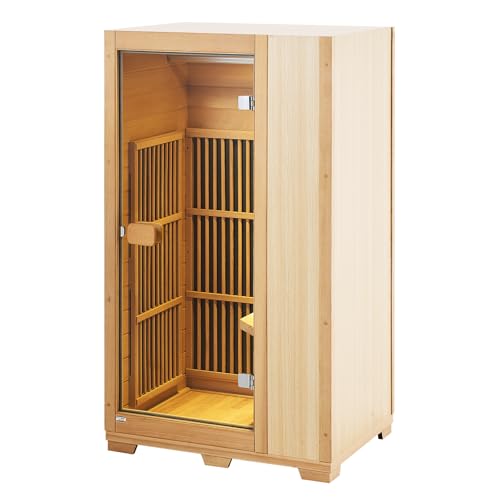 VEVOR Far Infrared Wooden Sauna, Room Home Sauna Spa for One Single Person, Low EMF Far Infrared Hemlock Wood Sauna with Tempered Glass Door & LED Reading Lamp & Bluetooth Speakers, 1140W Indoor Use VEVOR