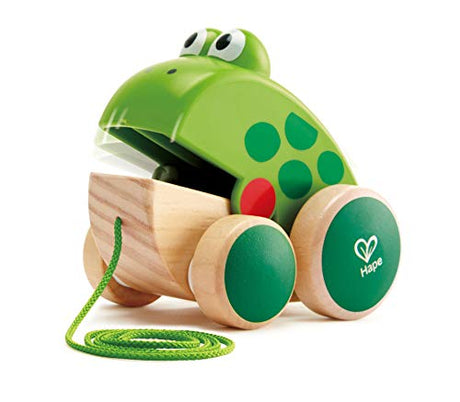 Hape Frog Pull-Along | Wooden Frog Fly Eating Pull Toddler Toy, 4.6 x 3.3 x 3.8 inches, Green Hape