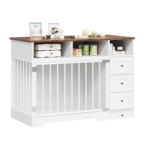 48'' Dog Crate Furniture, Farmhouse Heavy Duty Dog Kennel with Bowl & Storage Drawers, Medium Dog Cage End Table for Small Medium Dogs, White GarveeLife