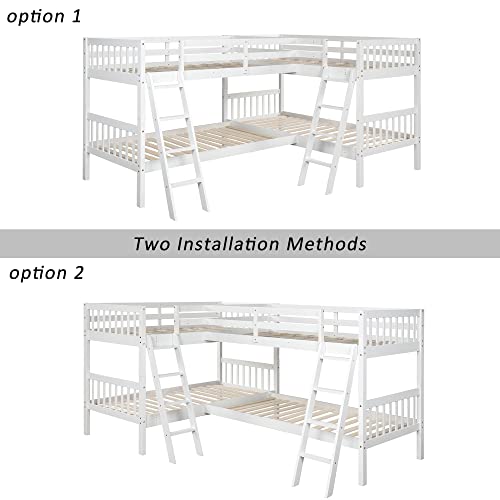 jurmiture L Shaped Quad Bunk Bed, Twin Over Twin Wood Bunk Frame for 4 with Ladder and Guardrails, White jurmiture