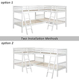 jurmiture L Shaped Quad Bunk Bed, Twin Over Twin Wood Bunk Frame for 4 with Ladder and Guardrails, White jurmiture