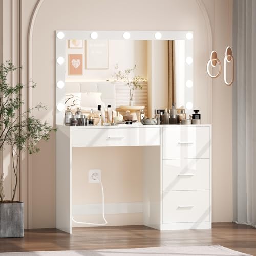Irontar Makeup Vanity Table, Makeup Table with Large Mirror and 11 LED Lights, Brightness Adjustable, Dressing Table Desk with 4 Drawers, Vanity Desk for Girls, Women, White WDT002W Irontar