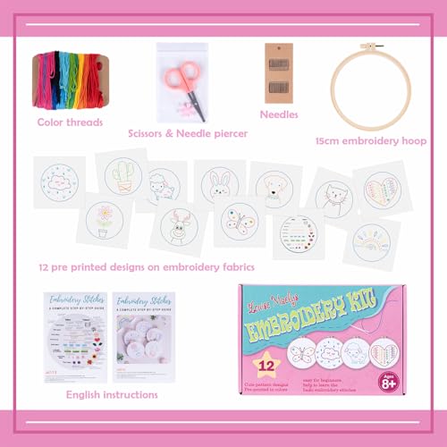 Louise Maelys 12 Pre-Stamped Embroidery Kits for Beginners, Cross Stitch for Kids Girls,DIY Needlepoint Craft Sewing,Practice Kit Supplies,Funny Cute Pattern,Perfect for Ages 8-12