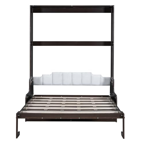 YOPTO Murphy Bed Cabinet Queen Size with Cushion,Folding Wall Bed Frame W/Sofa Chair and Wood Slat Support,Space-Saving Hidden Platform Bed for Bedroom,Guest Room,Home,Office,Espresso YOPTO