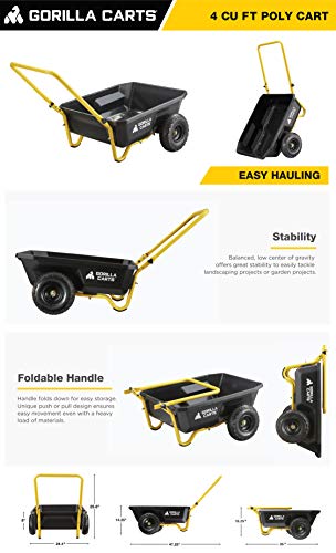 Gorilla Carts GCR-4 Poly Dump Cart, 2-Wheel Garden Wagon with Foldable Handle, 4 cu ft, 300 lb. Capacity, Black/Yellow