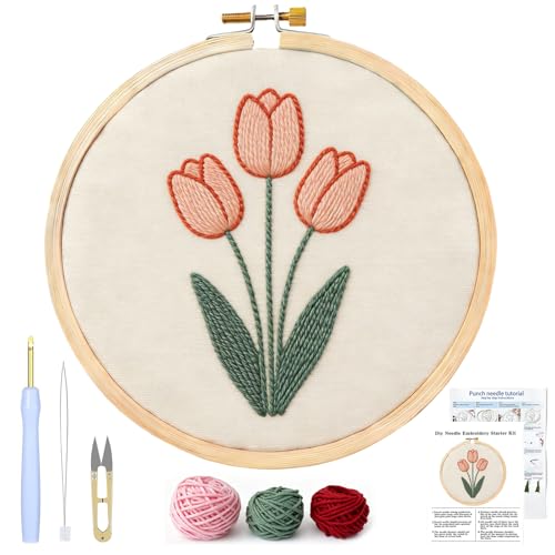 AohaiNova Punch Needle Kits for Adults Beginner,Punch Needle Starter Kit Easy,Embroidery Punch Needling Kits,DIY Punchneedle Kit All Supplies with Wooden Hoop/Patterns/Yarns/Instruction (07-Rose)