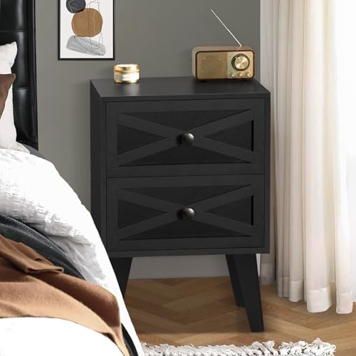 Lerliuo Nightstand Set of 2, Black End Table with 2 Drawers Barn Door Decorated, Mid Century Modern Night Stand, Bed Side Table with Storage, Solid Wood Legs Cabinet Dresser for Living Room, Bedroom Lerliuo