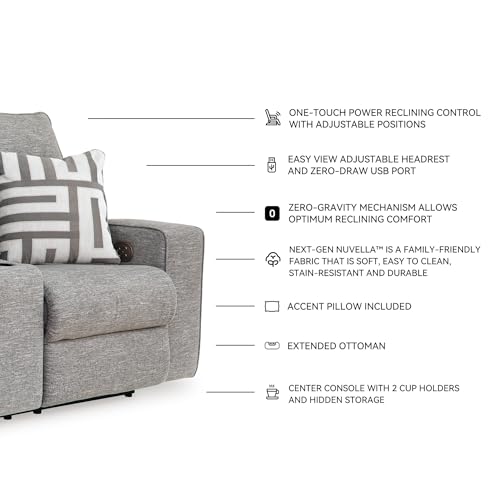 Signature Design by Ashley Biscoe Casual UV Resistant Power Reclining Loveseat with Console, Adjustable Headrest and USB Ports, Light Gray Signature Design by Ashley