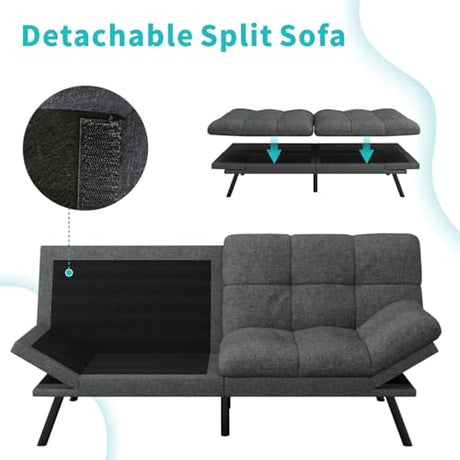 MUUEGM 71" Futon Sofa Bed with Memory Foam,Futon Couch with Adjust Backrest and Armrest, Couches Bed for Living Room,Studios, Apartments, Dormitories, Offices and Game Rooms. Dark Gray Sofa Bed MUUEGM