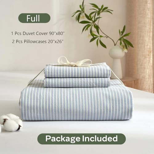 MWL Toy Striped Duvet Cover Set Full Size 3 Pcs Breathable Durable 100% Washed Cotton Comforter Cover for All Seasons Chic Linen Like Textured Bedding Set (Light Blue White Pinstripes, Full) MWL Toy