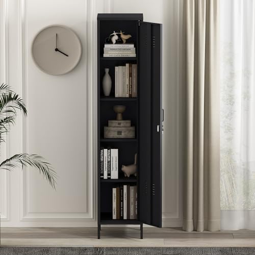 Manhattan Comfort Naomi 72.8'' Tall Storage Cabinet, Single Metal Locker with Lock, Adjustable Shelves, Vented Door & Floor Protectors, Modern Garage & Office Organizer, Black Manhattan Comfort