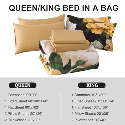 Dobuyly King Size Comforter Set 7 Piece Bed in a Bag, Yellow Brown Floral Printed on Black Comforter Set with Sheets, Soft Microfiber Botanical Boho Complete Bedding Set for All Season Dobuyly